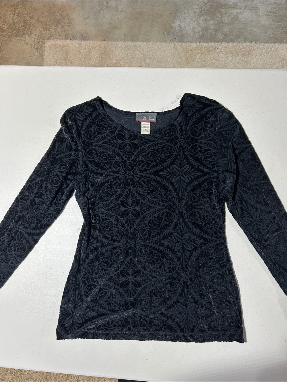St. John Black Long-Sleeve Textured Lace-Pattern Tee - burn out fabric style